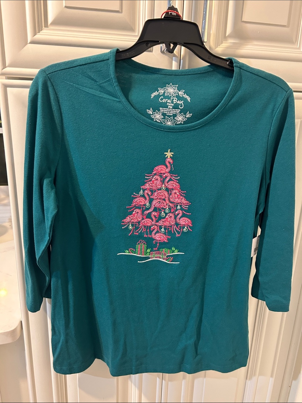 Coral Bay Teal Long-Sleeve Tee with Pink Flamingo Tree Graphic